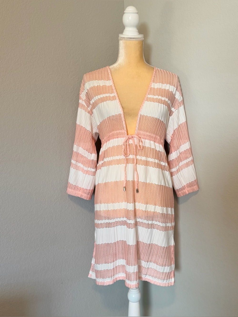 Ellen Weaver Striped Knit Beach Cover-Up Dress - Pink & White - Size Small